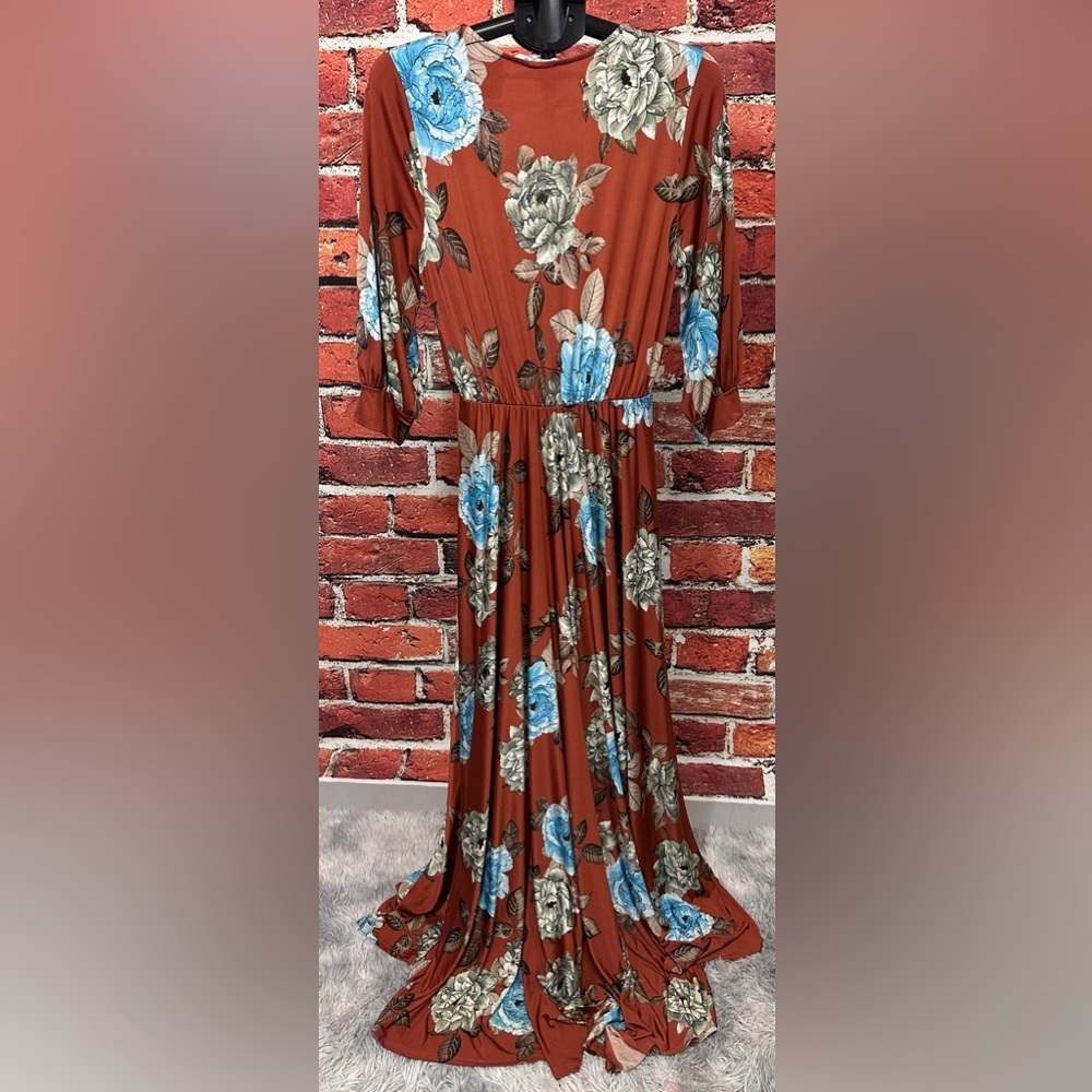 BURU DRESS WOMENS SIZE L TALL LONG BROWN BLUE FLORAL BOHEMIAN CHIC SOFT MAXI - Picture 8 of 14